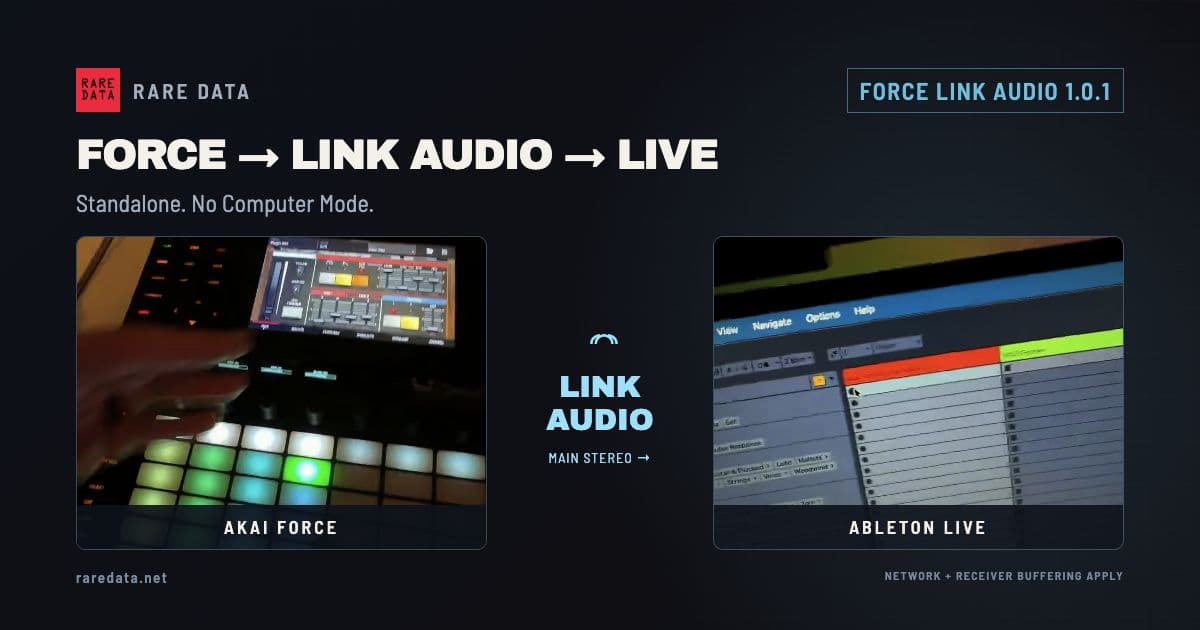 A real Akai Force from the published demonstration, connected by a Link Audio path to an Ableton Live receiver.