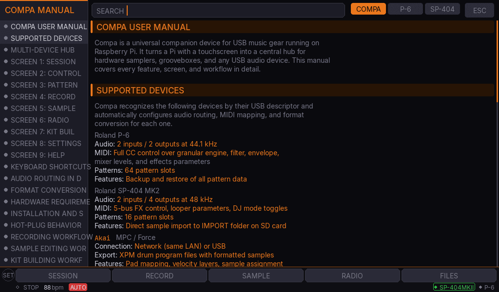Compa Manual screen