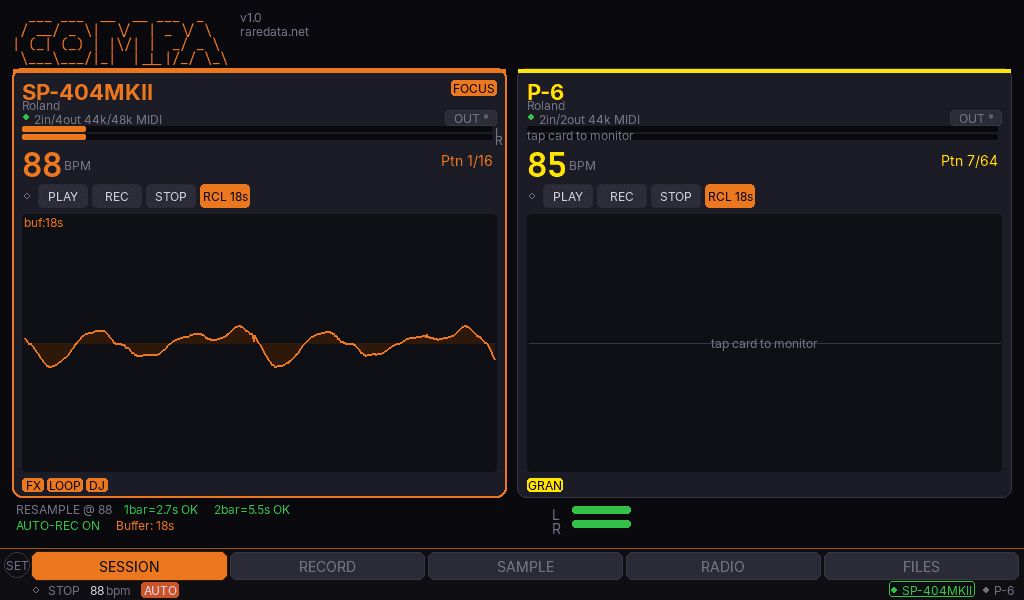 Compa session view showing SP-404 and P-6 side by side with live oscilloscopes