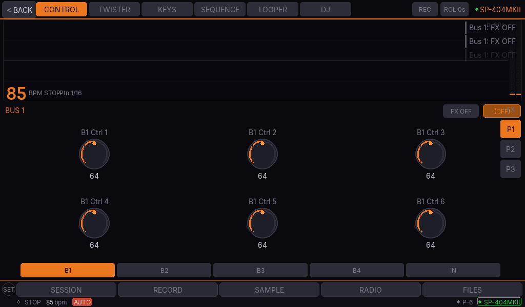 SP-404 control page with bus FX knobs