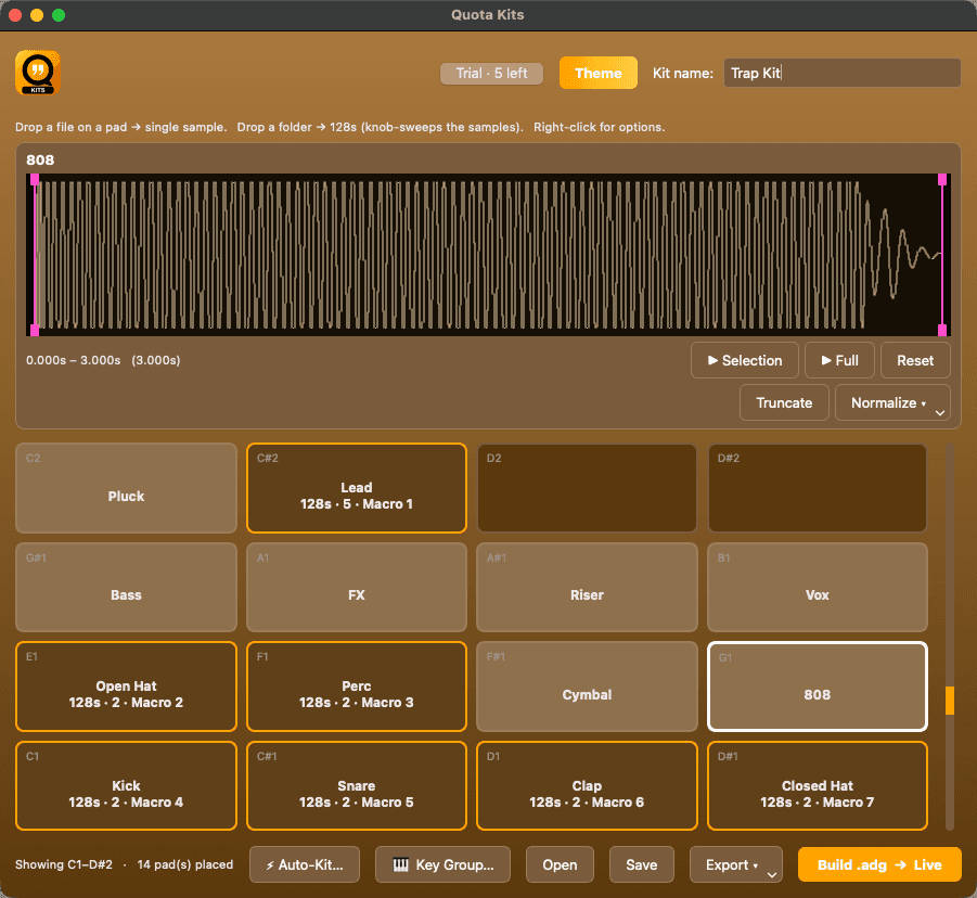 Quota Kits — pad grid, waveform editor, and 128s macro-swept pads