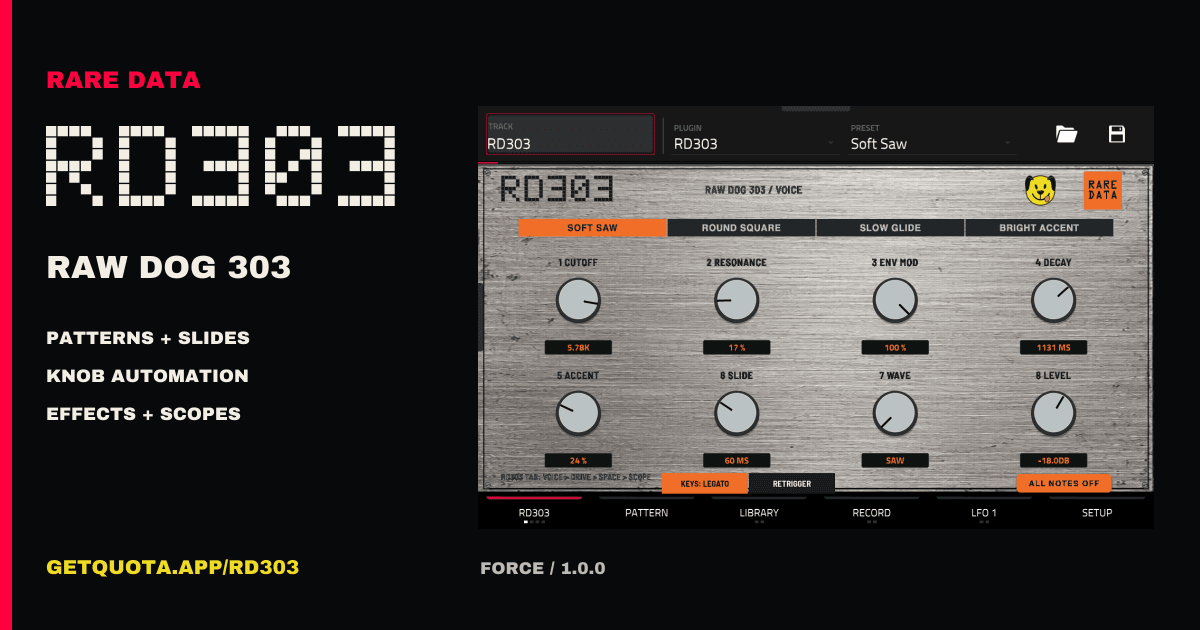 RD303 / Raw Dog 303 by Rare Data, beside a direct capture of RD303 1.0.0 running on an Akai Force with its silver skin and eight Q-Link controls.