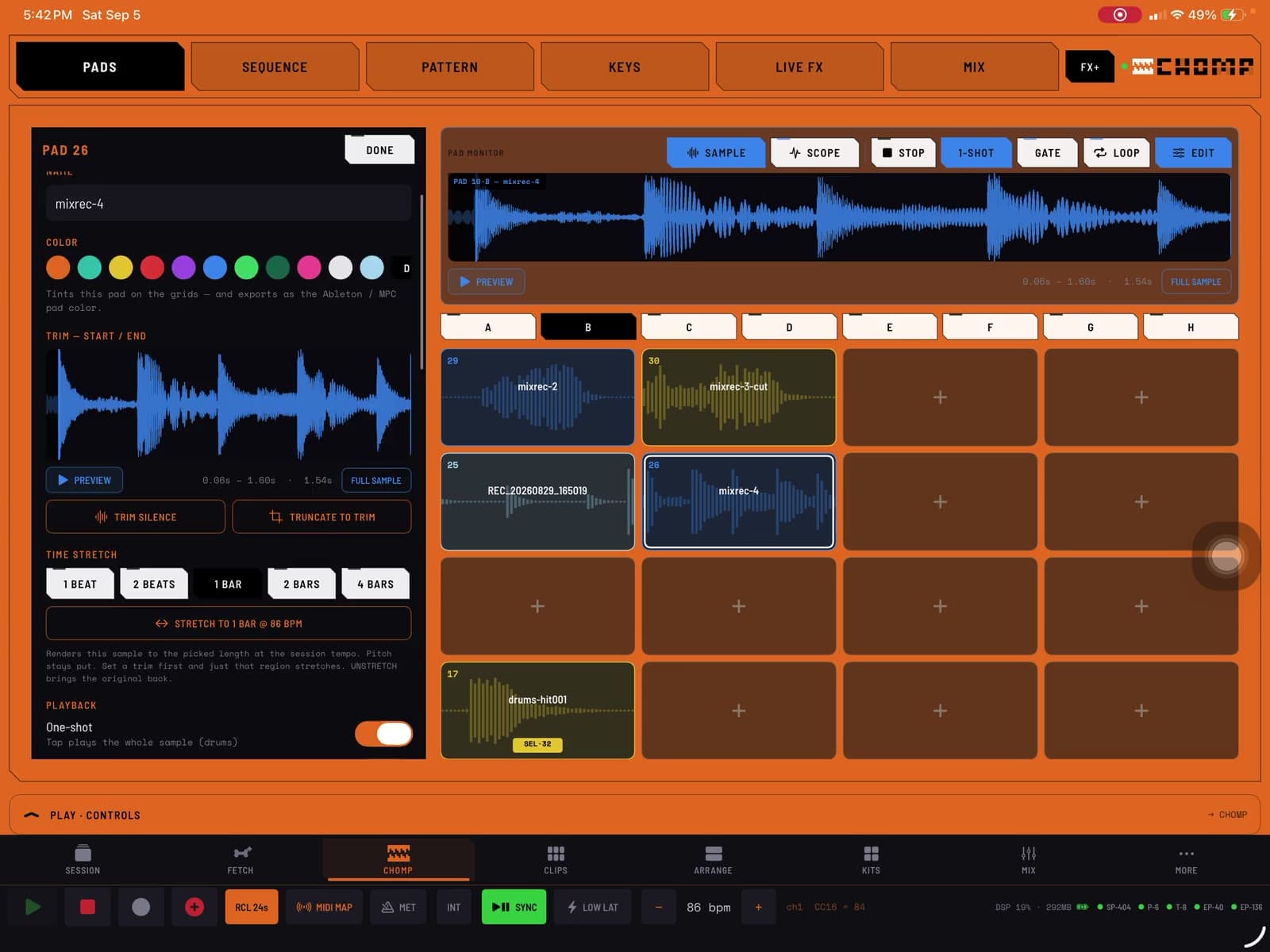 Editing and playing loaded samples in the CHOMP Pads workspace