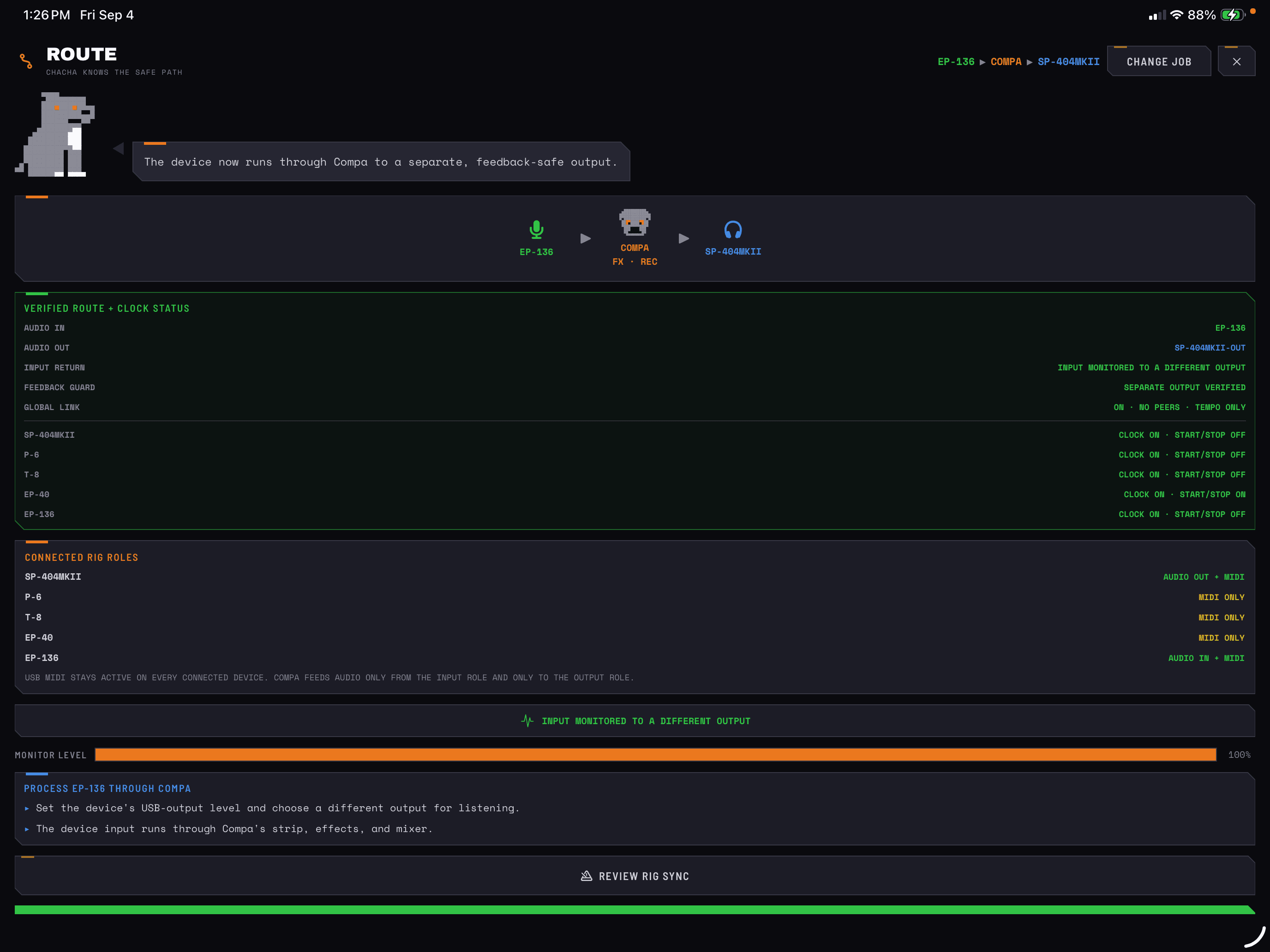 Verified COMPA route with EP-136 input and SP-404MKII output
