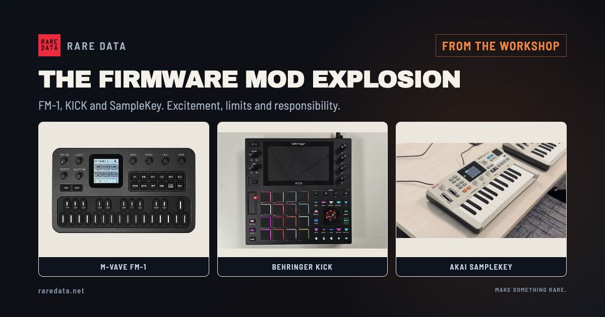 M-VAVE FM-1, Behringer KICK and Akai SampleKey beneath the headline The firmware mod explosion, on a Rare Data editorial card.